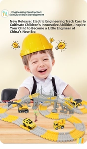 Construction track set featuring electric trucks, a suspension bridge, and a happy child playing