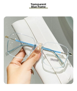 Detail view of transparent blue frames with metal hinges and UV400 protection lens