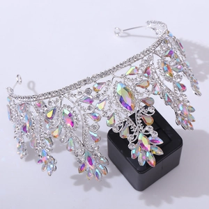 Detail of luxury bridal crown featuring silver base with white and AB rhinestones