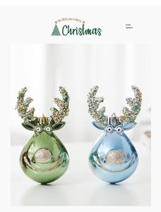 Detail of glossy green and blue reindeer Christmas ornaments with glitter and sequins