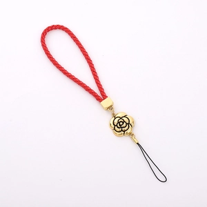 Braided red rope phone lanyard with golden camellia flower pendant and secure black loop