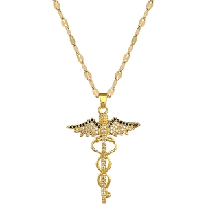Gold-tone caduceus pendant necklace with white and black crystals on a flat link chain