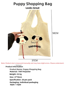 Detailed view of foldable beige cartoon dog shopping bag with dimensions 37x50cm