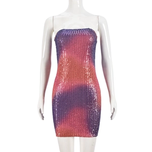 Detail of bodycon mini dress featuring gradient sequins in purple, pink, and orange