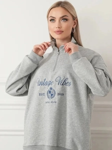 Grauer Halbreißverschluss-Sweatshirt mit Vintage-Stickerei und Kronenwappen in lockerer Passform