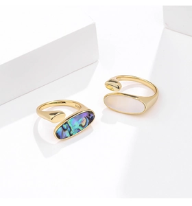 Detail of S925 sterling silver rings with iridescent abalone shell and white mother of pearl
