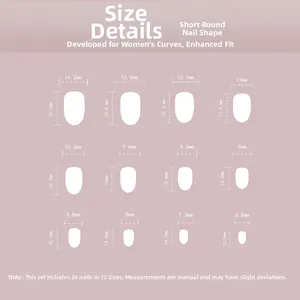 Detailed size guide for short round press-on nails including length and width measurements