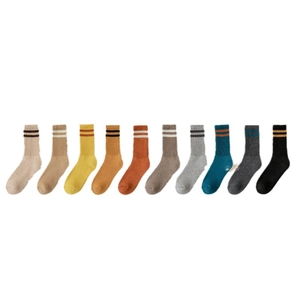 Ten pairs of thick wool crew socks in assorted colors with double stripes on white background