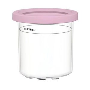 Close-up of clear ice cream pint container with pink lid and Max Fill level line