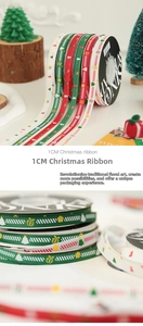Close-up of 1cm Christmas themed ribbed ribbons with festive patterns like trees and bells