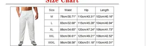 Tableau des tailles détaillé pour pantalon en lin rayé pour homme avec mesures de taille et hanches