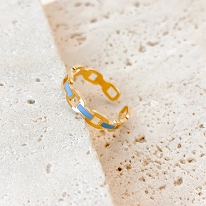 Golden hollow chain link ring with blue enamel and adjustable open band design