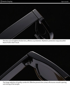 Detailed view of reinforced hinges and high-quality UV protective lenses on black sunglasses