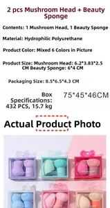 Detail view of mushroom head puff and teardrop makeup sponge set in soft pink display