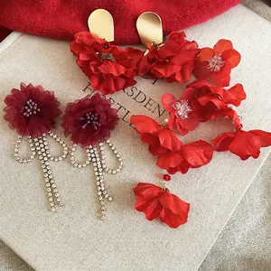 Elegant silver needle crystal flower tassel earrings with red fabric petals and rhinestones