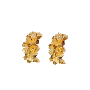 Golden 3D flower cluster hook earrings with minimalist metal leaf design for women