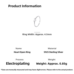 Detailed specs of S925 sterling silver heart open ring with 4.5mm width and 0.85g weight