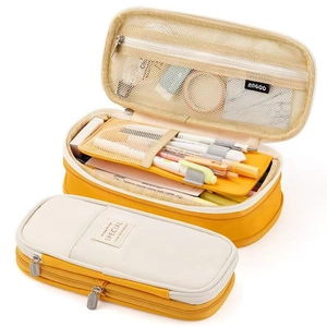 Detail of a yellow canvas pencil case showing multi-layer design and storage compartments
