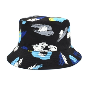 Cappello a secchiello reversibile con stampa astratta blu e gialla, protezione solare donna