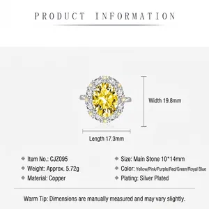 Silver plated copper ring with a large oval yellow zircon stone and 10x14mm main gem