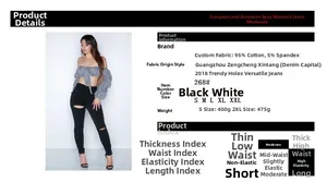 Detailed fabric specs and size guide for high waist ripped skinny jeans in black