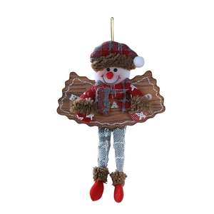 Christmas snowman plush ornament with red grey plaid hat and long legs hanging decoration