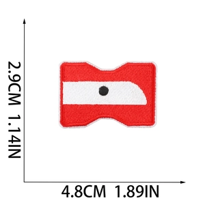 Size detail for school bus embroidered patch measuring 4.8cm by 2.9cm with red and white colors