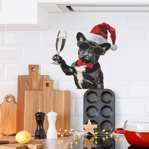 Christmas black French Bulldog wall sticker with Santa hat and champagne for home decor