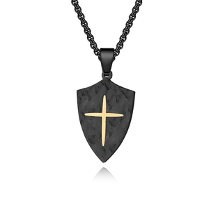 Retro shield necklace for men with hammered texture and golden cross pendant