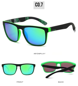 Multi-angle view of polarized sports sunglasses with black-green frames and gradient lenses