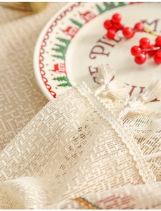 Macro shot of cream-colored mesh texture with elegant fringe detail on a table runner