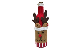 Detailed close-up of a festive knitted reindeer wine bottle cover with red and white patterns