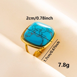 Vintage 304 stainless steel adjustable gold ring with square turquoise gemstone inlay