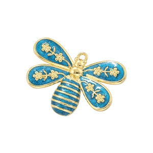 Golden dragonfly pendant charm with blue enamel coating and floral patterns for DIY jewelry