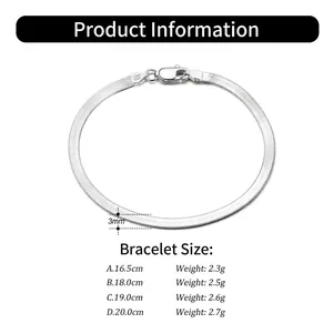 3mm S925 sterling silver flat herringbone snake chain bracelet size chart and weights