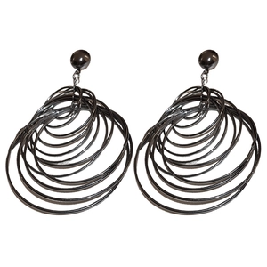 Exaggerated black multi-layer concentric hoop earrings with modern geometric drop style