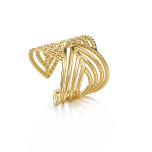 Modern 18K gold plated wide multi-layer geometric open ring with textured metallic finish
