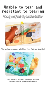 Detail of durable fabric baby book featuring 3D insect tails for sensory touch and play