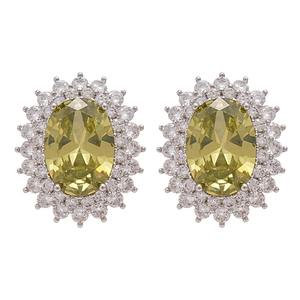 Vintage oval green zircon stud earrings with double halo stones and silver finish