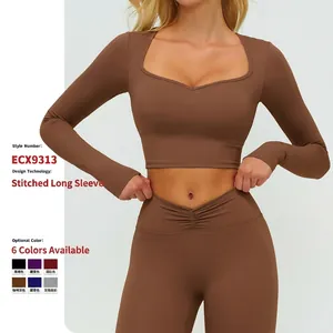 Haut de Yoga à Manches Longues pour Femmes Coupe Ajustée Chemise de Sport Gym Activewear Tissu Brossé Extensible