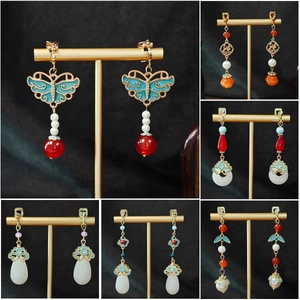 Chinese Style Long Drop Earrings Resin Imitation Artificial Pearl Enamel Alloy Retro Ethnic Ancient Traditional Accessory Women Elegant