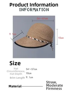 Detailed chart of women's straw sun hat with size specs and checked ribbon detail