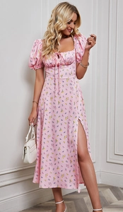 Rosa geblümtes Midikleid Detail mit Puffärmeln und modischem Seitenschlitz-Design