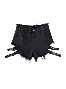 Pantalones cortos vaqueros negros de talle alto con bordes deshilachados y hebillas de metal