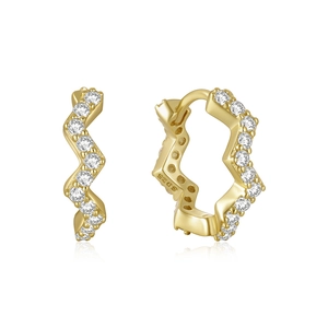 Detailed close-up of wavy S925 sterling silver hoop earrings with clear pavé zircon stones
