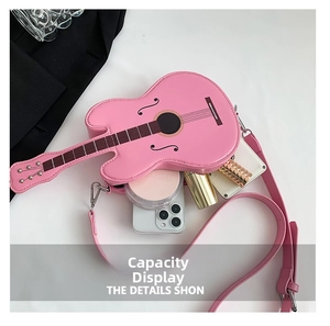Pink guitar-shaped crossbody bag interior capacity showing phone and makeup