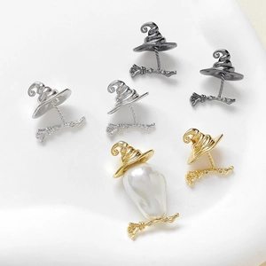 Baroque wizard hat and broom charms with irregular pearl in gold, silver, and gun black