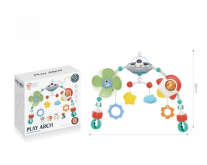 Space-themed baby play arch toy with hanging rattles and packaging box dimensions