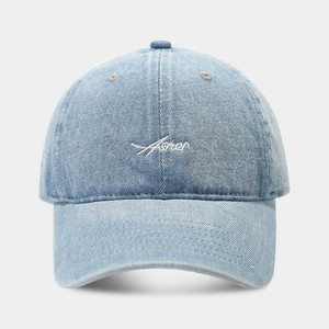 Light blue denim baseball cap with Asher white embroidery in a classic 6-panel design