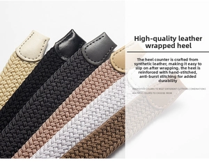 Detail of woven elastic belt ends with faux leather wrap and durable reinforced stitching